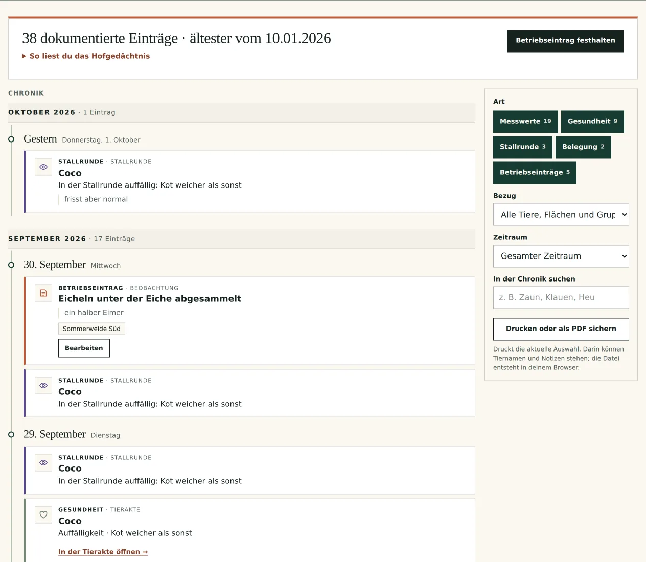 Das Hofgedächtnis: Chronik nach Monat und Tag mit Stallrunden, Betriebseinträgen und Filtern nach Art, Bezug und Zeitraum.