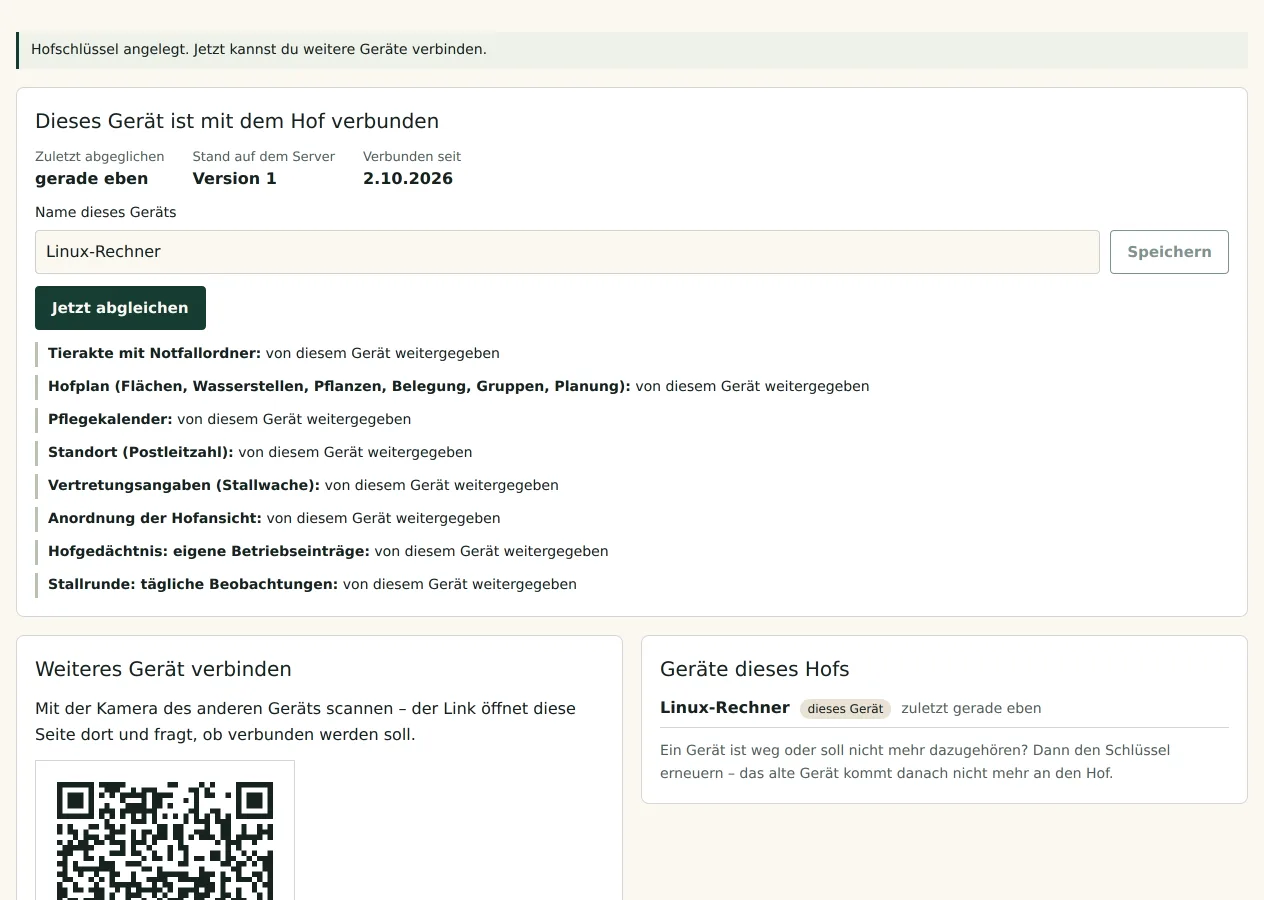 Geräteseite: Hof verbunden, Abschnitte des Abgleichs, QR-Code für das nächste Gerät.