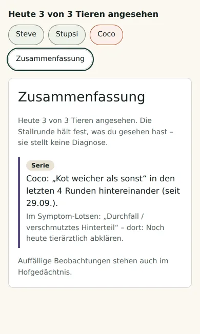 Zusammenfassung der Stallrunde: Serie – Coco seit vier Runden mit weicherem Kot, mit Verweis auf den Symptom-Lotsen.