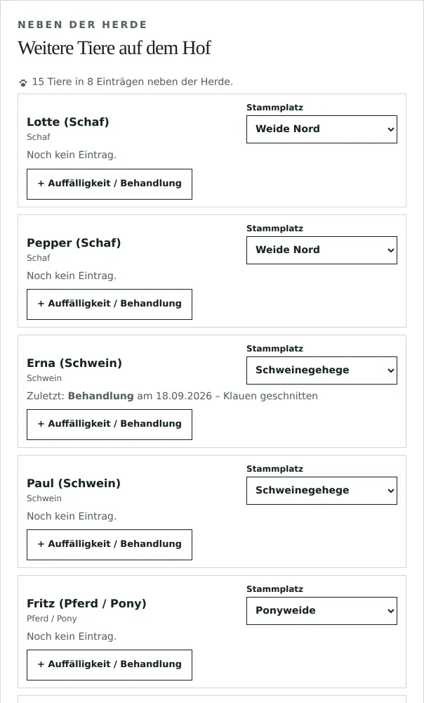 Panel „Weitere Tiere auf dem Hof“: Schafe, Schweine, Pony und Shetty, Hühner und Laufenten mit Stammplatz und letztem Gesundheitseintrag.